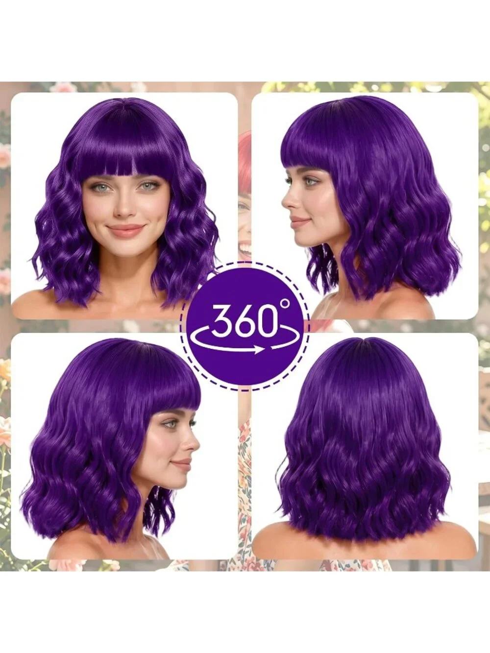 Women's Dark Purple Curly Bob Synthetic Wigs Bangs With Neon Heart Sunglasses